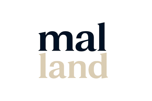 stwórz logo duze kwadratowe z napisem malland mal zrob w kolorze niebiseki z czarnym gradientem a land w kolorze piasku ma być ładne schludne i minimalistyczne 